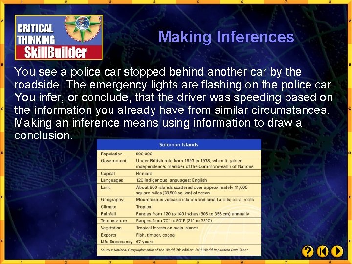 Making Inferences You see a police car stopped behind another car by the roadside.