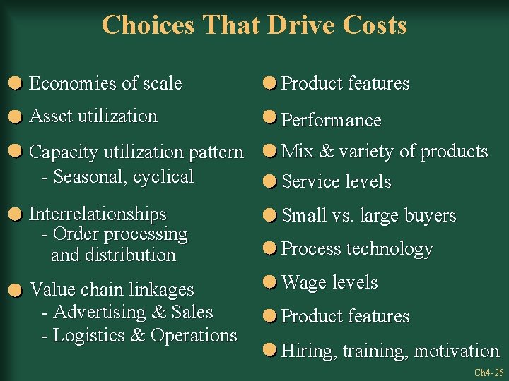 Choices That Drive Costs Economies of scale Product features Asset utilization Performance Capacity utilization