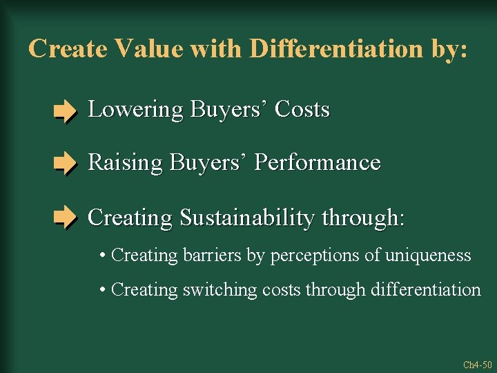 Create Value with Differentiation by: Lowering Buyers’ Costs Raising Buyers’ Performance Creating Sustainability through: