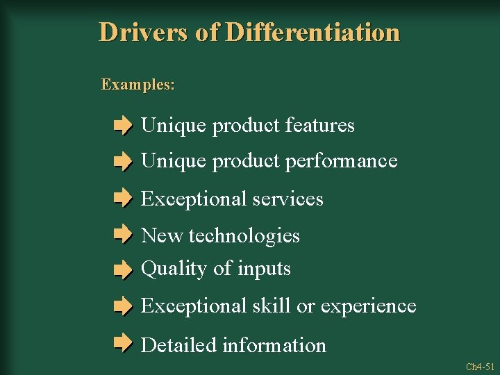 Drivers of Differentiation Examples: Unique product features Unique product performance Exceptional services New technologies