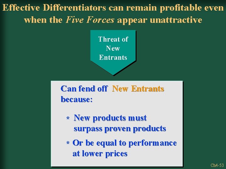 Effective Differentiators can remain profitable even when the Five Forces appear unattractive Threat of