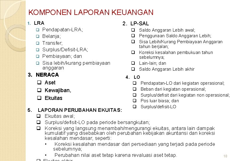 KOMPONEN LAPORAN KEUANGAN 1. LRA q Pendapatan-LRA; q Belanja; q Transfer; q Surplus/Defisit-LRA; q