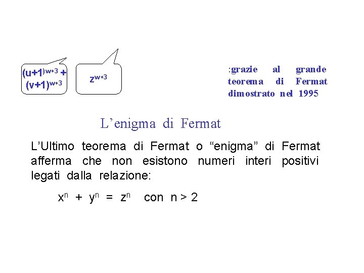 (u+1)w+3 + (v+1)w+3 : grazie al grande teorema di Fermat dimostrato nel 1995 zw+3