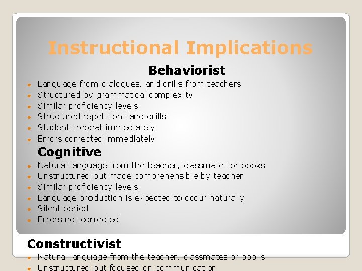 Instructional Implications Behaviorist ● ● ● Language from dialogues, and drills from teachers Structured