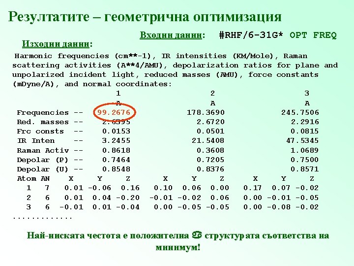 Резултатите – геометрична оптимизация Изходни данни: Входни данни: #RHF/6 -31 G* ОРТ FREQ Harmonic