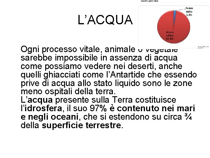L’ACQUA Ogni processo vitale, animale o vegetale sarebbe impossibile in assenza di acqua come