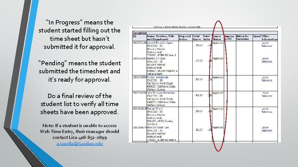 “In Progress” means the student started filling out the time sheet but hasn’t submitted