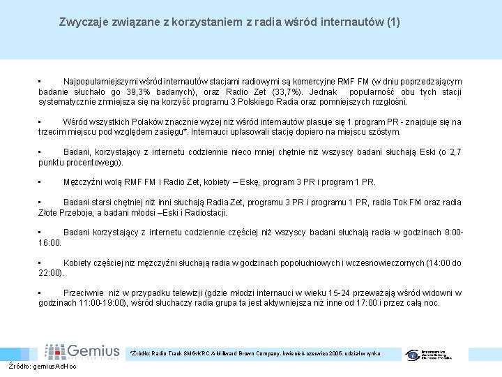 Zwyczaje związane z korzystaniem z radia wśród internautów (1) • Najpopularniejszymi wśród internautów stacjami