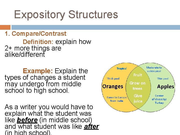 Expository Structures 1. Compare/Contrast Definition: explain how 2+ more things are alike/different Example: Explain