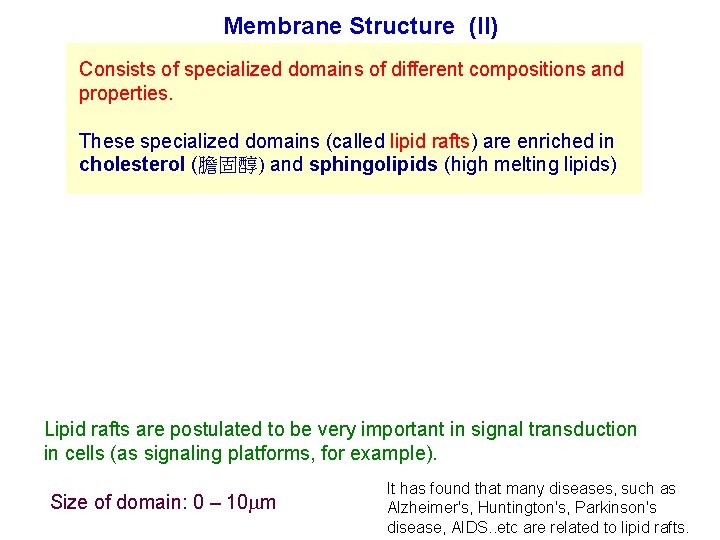 Membrane Structure (II) Consists of specialized domains of different compositions and properties. These specialized