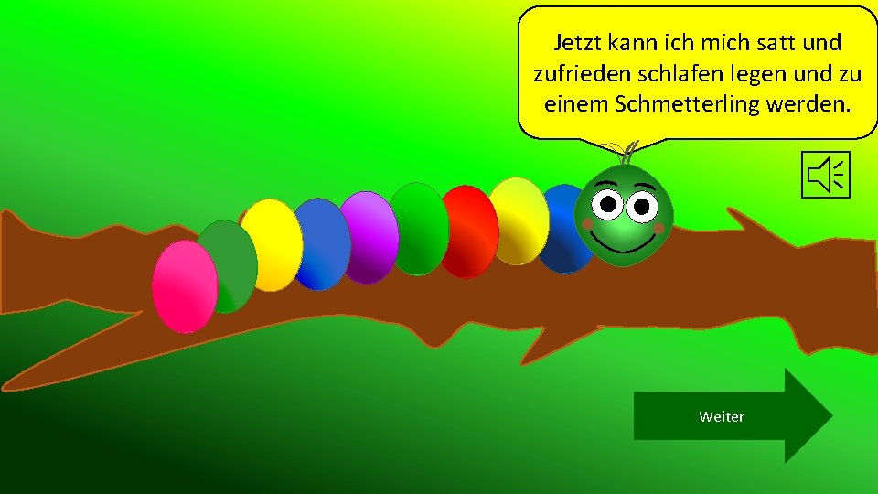 Jetzt kann ich mich satt und zufrieden schlafen legen und zu einem Schmetterling werden.