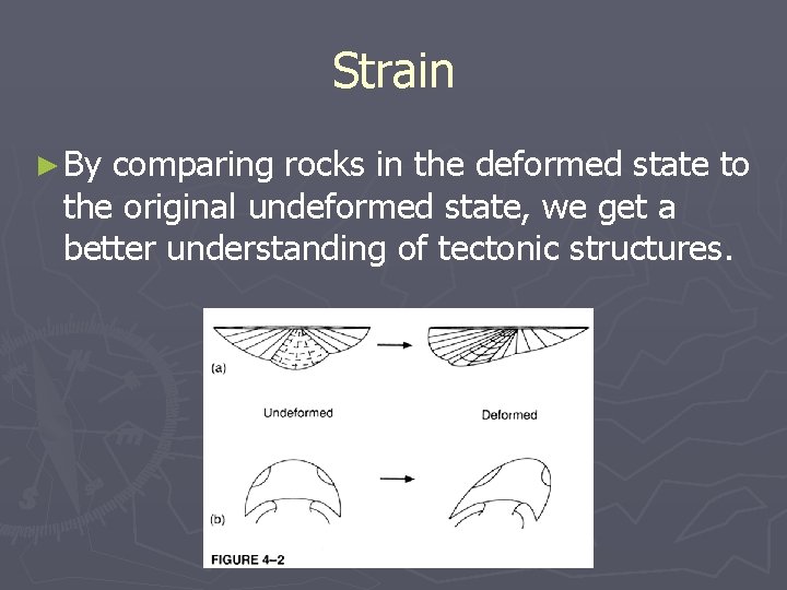 Strain ► By comparing rocks in the deformed state to the original undeformed state,