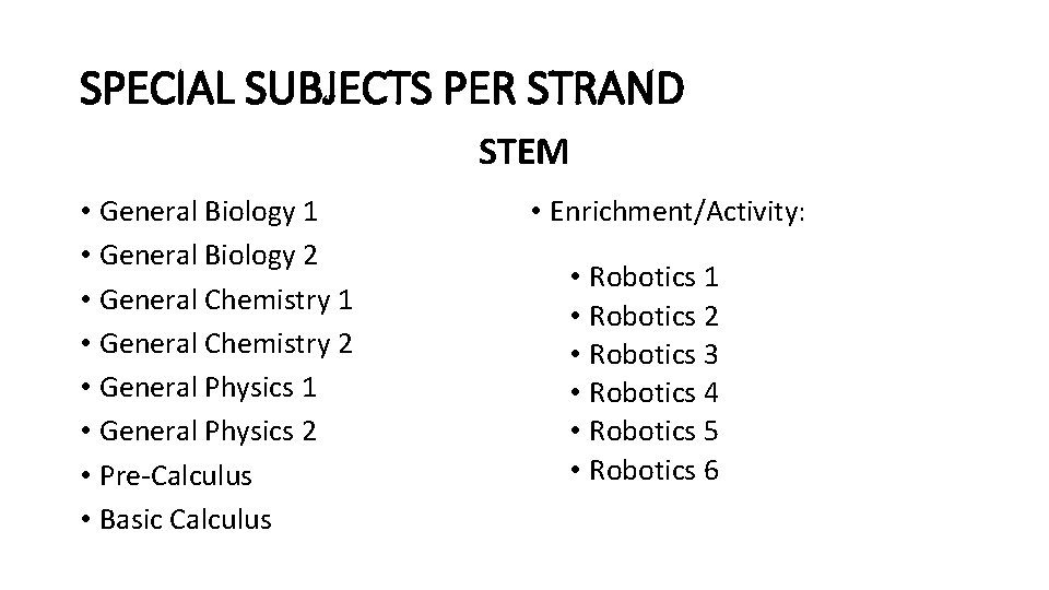 SPECIAL SUBJECTS PER STRAND STEM • General Biology 1 • General Biology 2 •