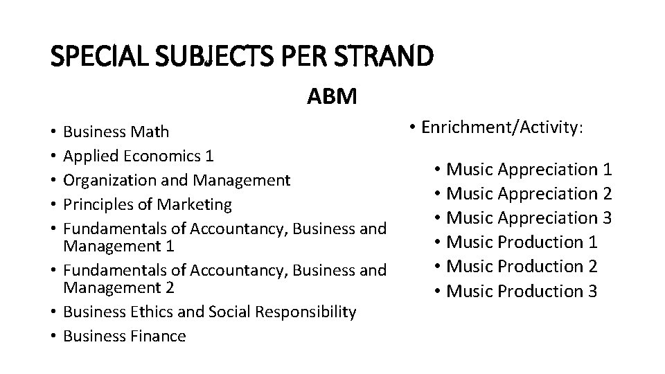 SPECIAL SUBJECTS PER STRAND ABM Business Math Applied Economics 1 Organization and Management Principles