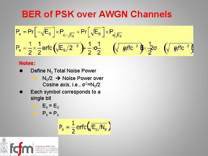 BER of PSK over AWGN Channels Notes: l Define N 0 Total Noise Power