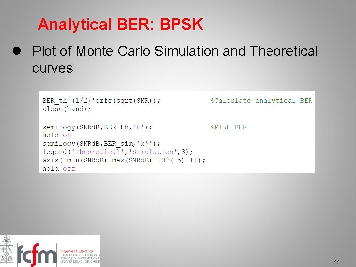 Analytical BER: BPSK l Plot of Monte Carlo Simulation and Theoretical curves 22 