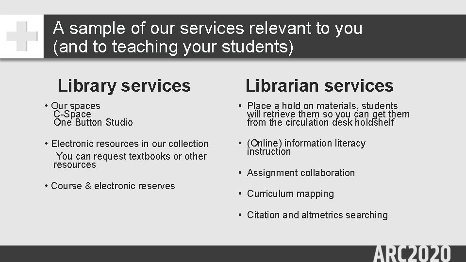 A sample of our services relevant to you (and to teaching your students) Library