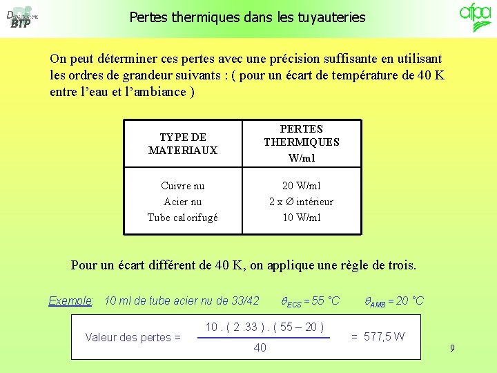 Pertes thermiques dans les tuyauteries On peut déterminer ces pertes avec une précision suffisante