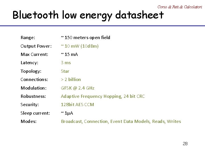 Corso di Reti di Calcolatori Bluetooth low energy datasheet Range: ~ 150 meters open