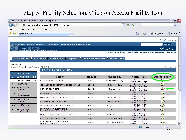 Step 3: Facility Selection, Click on Access Facility Icon 29 