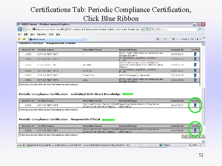 Certifications Tab: Periodic Compliance Certification, Click Blue Ribbon 52 