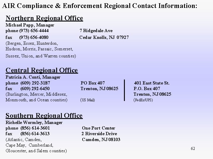 AIR Compliance & Enforcement Regional Contact Information: Northern Regional Office Michael Papp, Manager phone