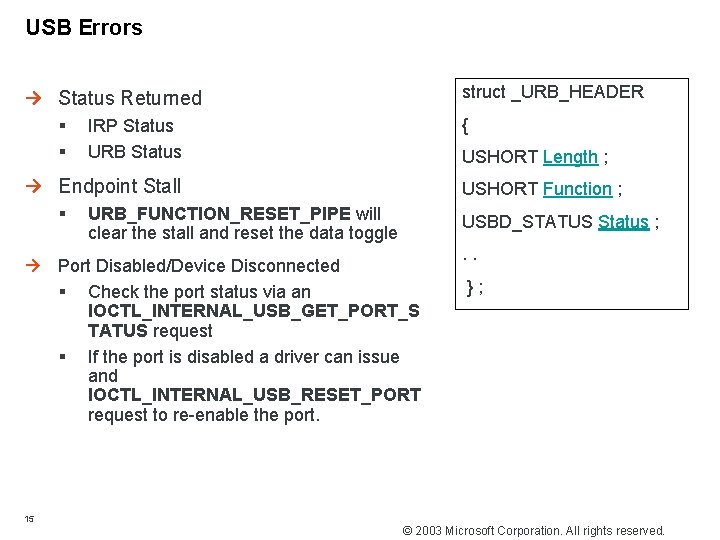 USB Errors Status Returned struct _URB_HEADER § § { IRP Status URB Status USHORT
