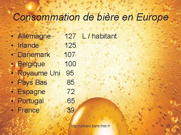 Consommation de bière en Europe • • • Allemagne 127 L / habitant Irlande