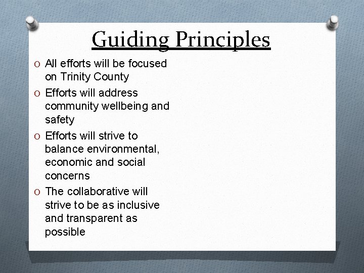 Guiding Principles O All efforts will be focused on Trinity County O Efforts will