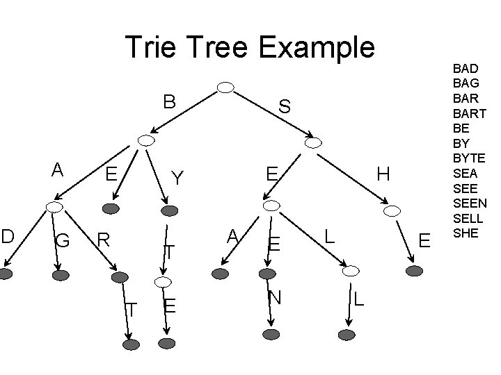 Trie Tree Example B A D G E S E Y R T T Trie Tree Example B A D G E S E Y R T T