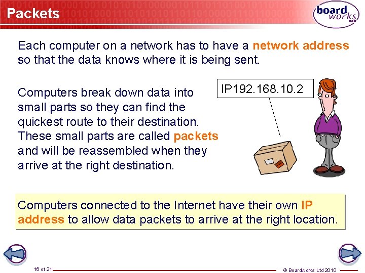 Packets Each computer on a network has to have a network address so that