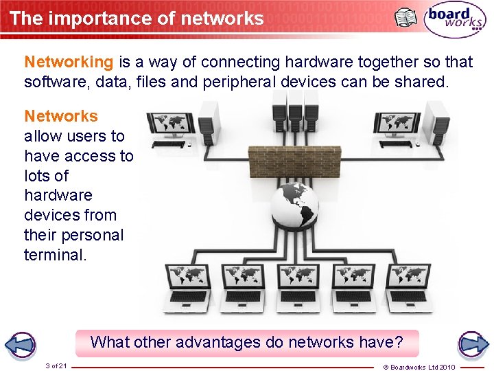 The importance of networks Networking is a way of connecting hardware together so that