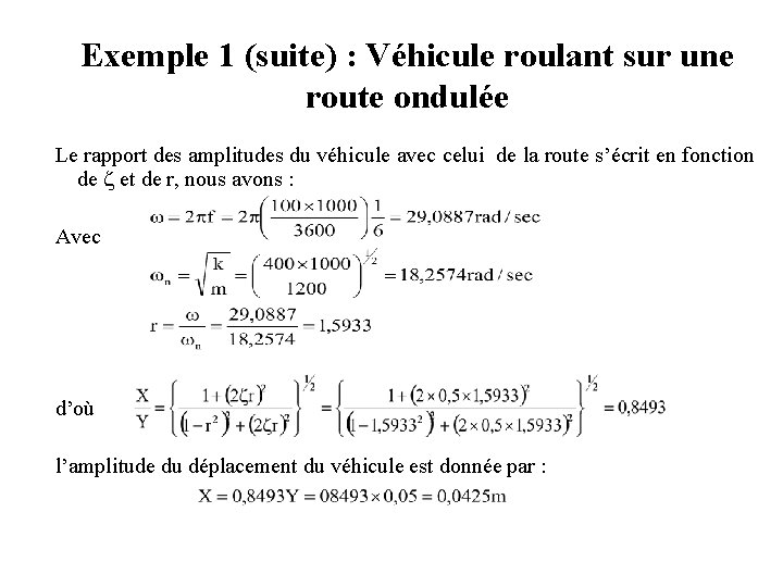 Exemple 1 (suite) : Véhicule roulant sur une route ondulée Le rapport des amplitudes