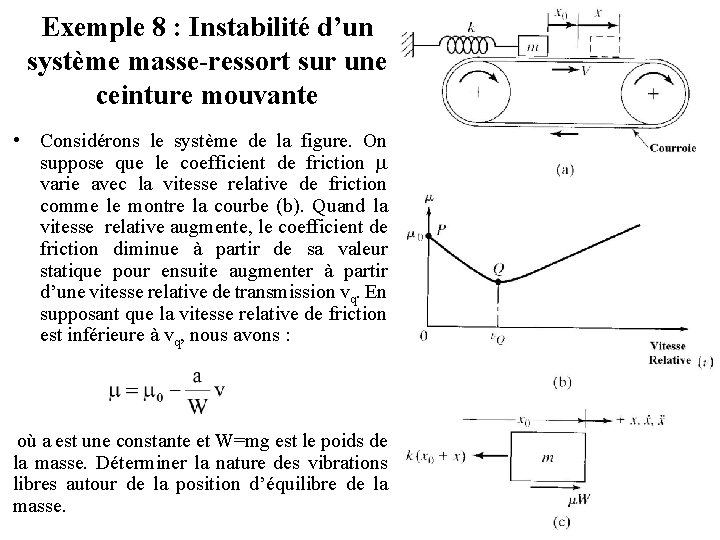 Exemple 8 : Instabilité d’un système masse-ressort sur une ceinture mouvante • Considérons le