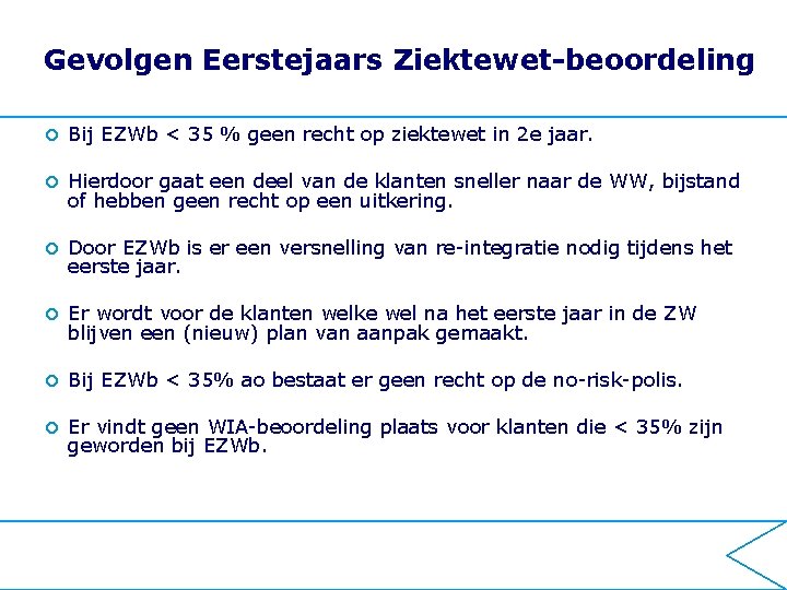 Gevolgen Eerstejaars Ziektewet-beoordeling ¢ Bij EZWb < 35 % geen recht op ziektewet in