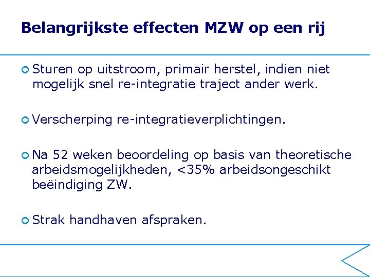 Belangrijkste effecten MZW op een rij ¢ Sturen op uitstroom, primair herstel, indien niet
