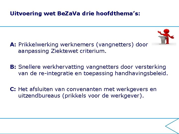 Uitvoering wet Be. Za. Va drie hoofdthema’s: A: Prikkelwerking werknemers (vangnetters) door aanpassing Ziektewet