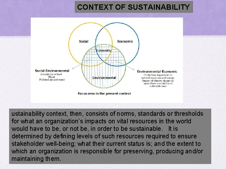 CONTEXT OF SUSTAINABILITY ustainability context, then, consists of norms, standards or thresholds for what