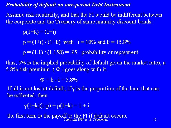 Probability of default on one-period Debt Instrument Assume risk-neutrality, and that the FI would