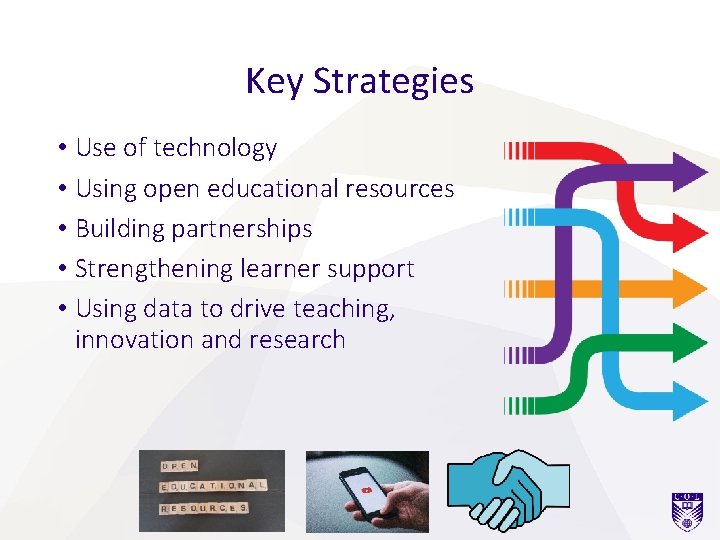 Key Strategies • Use of technology • Using open educational resources • Building partnerships