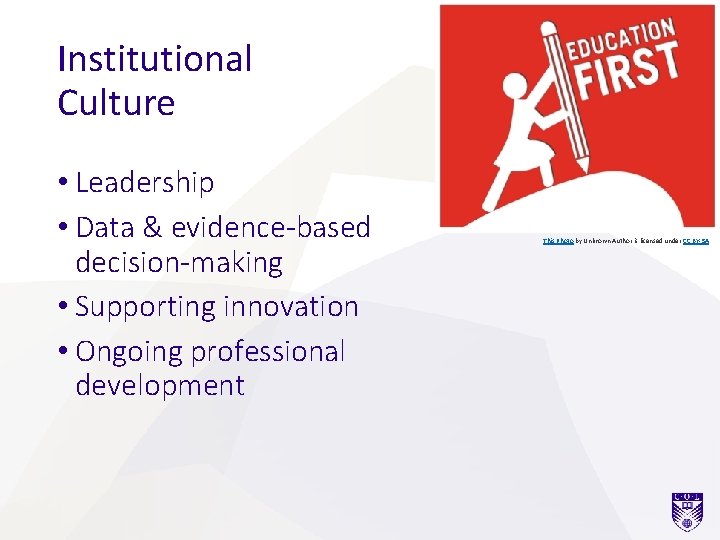 Institutional Culture • Leadership • Data & evidence-based decision-making • Supporting innovation • Ongoing