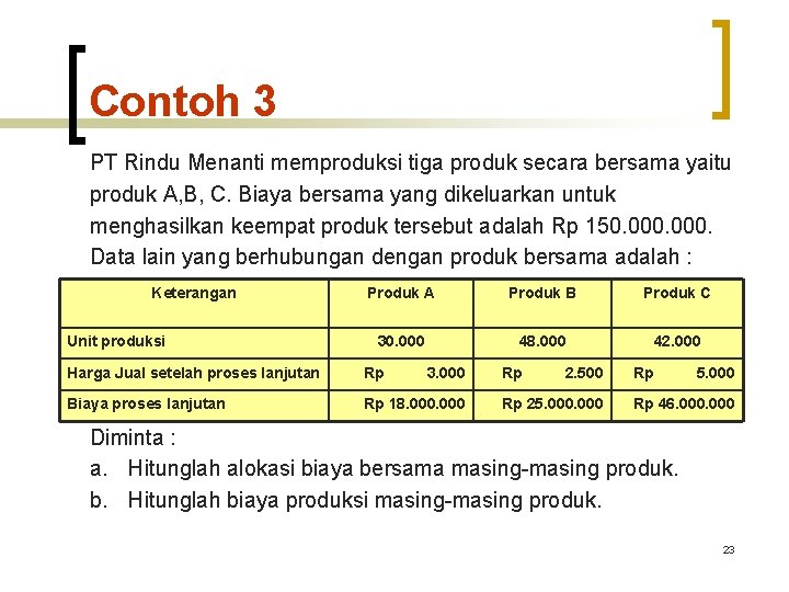 Contoh 3 PT Rindu Menanti memproduksi tiga produk secara bersama yaitu produk A, B, Contoh 3 PT Rindu Menanti memproduksi tiga produk secara bersama yaitu produk A, B,