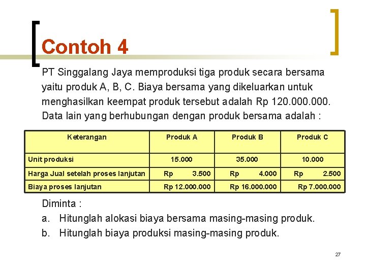 Contoh 4 PT Singgalang Jaya memproduksi tiga produk secara bersama yaitu produk A, B, Contoh 4 PT Singgalang Jaya memproduksi tiga produk secara bersama yaitu produk A, B,