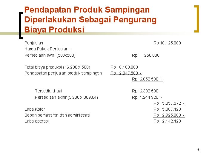 Pendapatan Produk Sampingan Diperlakukan Sebagai Pengurang Biaya Produksi Penjualan Harga Pokok Penjualan : Persediaan Pendapatan Produk Sampingan Diperlakukan Sebagai Pengurang Biaya Produksi Penjualan Harga Pokok Penjualan : Persediaan
