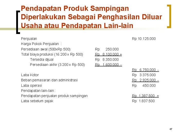 Pendapatan Produk Sampingan Diperlakukan Sebagai Penghasilan Diluar Usaha atau Pendapatan Lain-lain Penjualan Harga Pokok