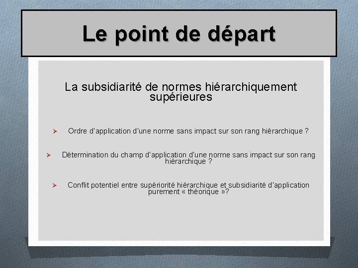 Le point de départ La subsidiarité de normes hiérarchiquement supérieures Ø Détermination du champ
