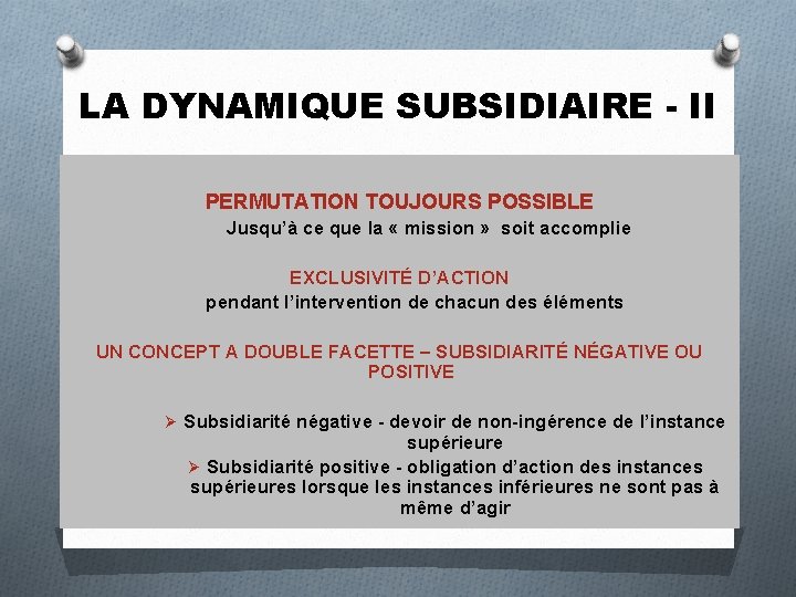 LA DYNAMIQUE SUBSIDIAIRE - II PERMUTATION TOUJOURS POSSIBLE Jusqu’à ce que la « mission