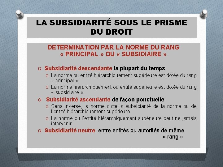 LA SUBSIDIARITÉ SOUS LE PRISME DU DROIT DETERMINATION PAR LA NORME DU RANG «
