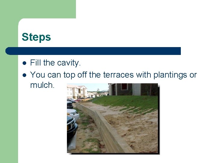Steps l l Fill the cavity. You can top off the terraces with plantings