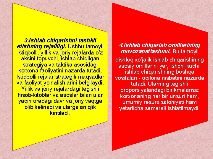 3. Ishlab chiqarishni tashkil etishning rejaliligi. Ushbu tamoyil istiqbolli, yillik va joriy rejalarda o’z